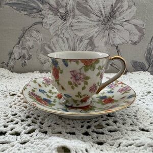 Floral Teacup and Saucer with Gold Trim